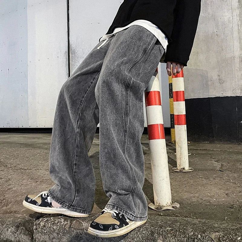 2025 New Streetwear Loose Jeans Men Korean Style Fashion Loose Straight Wide Leg Pants Men's Brand Clothing Black Light Blue